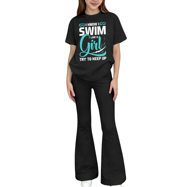 Conjunto de camiseta infantil e calça boca de sino fabricado nos Estados Unidos, com estampas térmicas nas peças superior e inferior